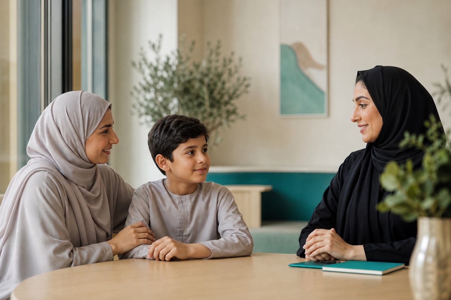 A family and professional sharing a supportive conversation